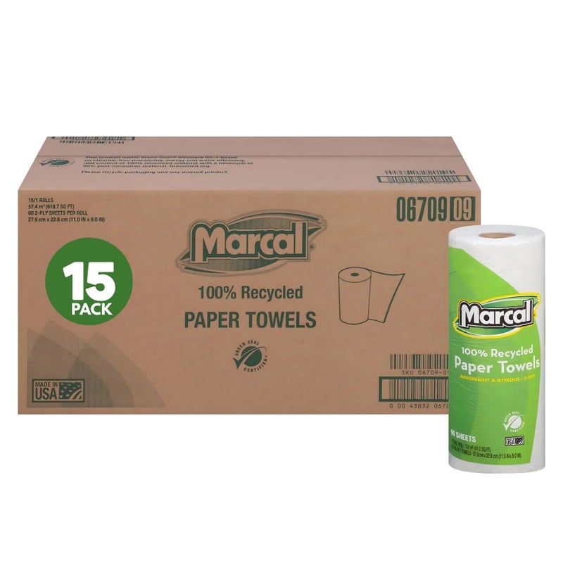 Marcal Paper Towels 100% Recycled 2-Ply, 60 Sheets Per Roll - Case of 15 Individually Wrapped Green Seal Certified 06709 - Image 1